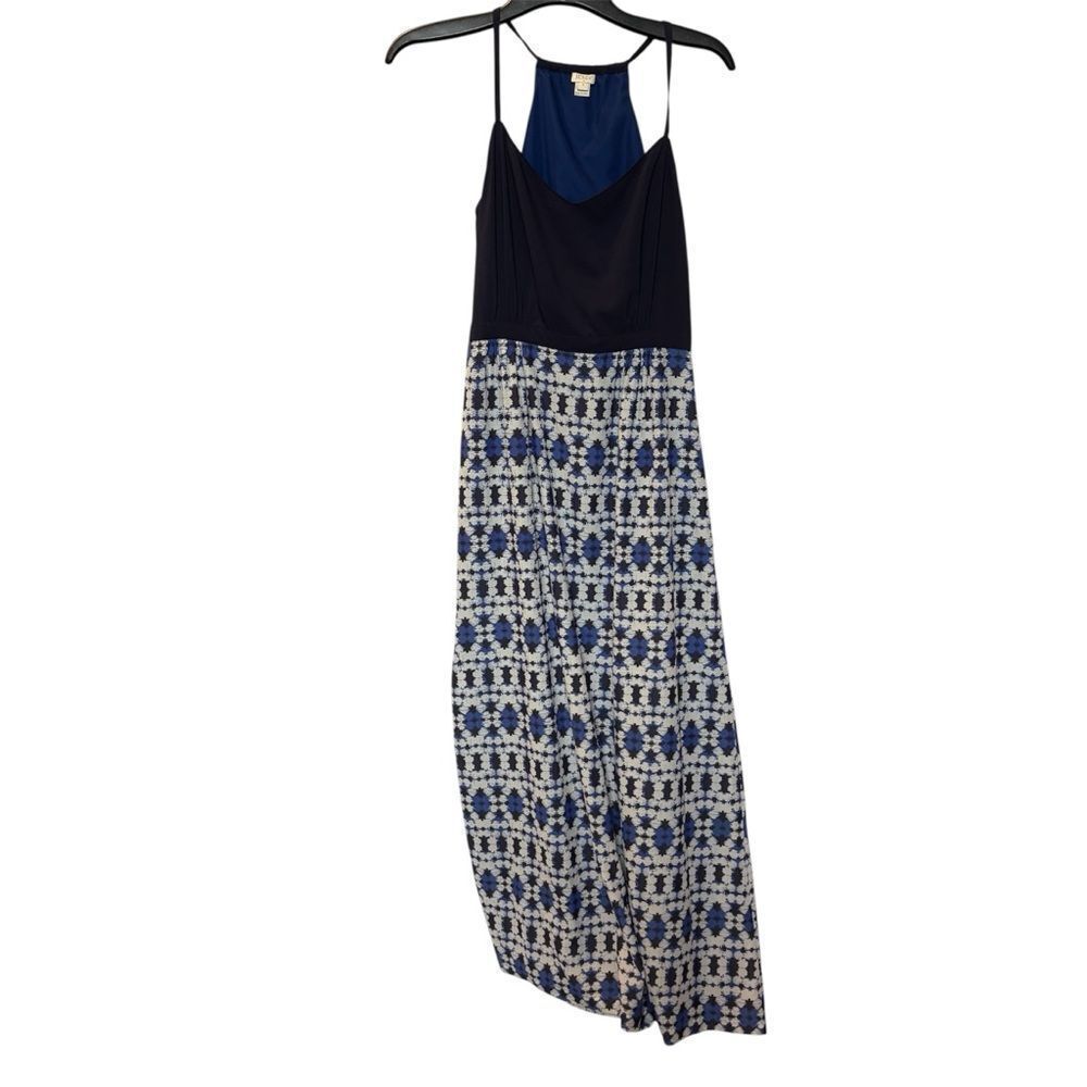 Women's J. Crew Elegant Navy Blue/Cream Print Maxi Halter Dress Lined Size 6